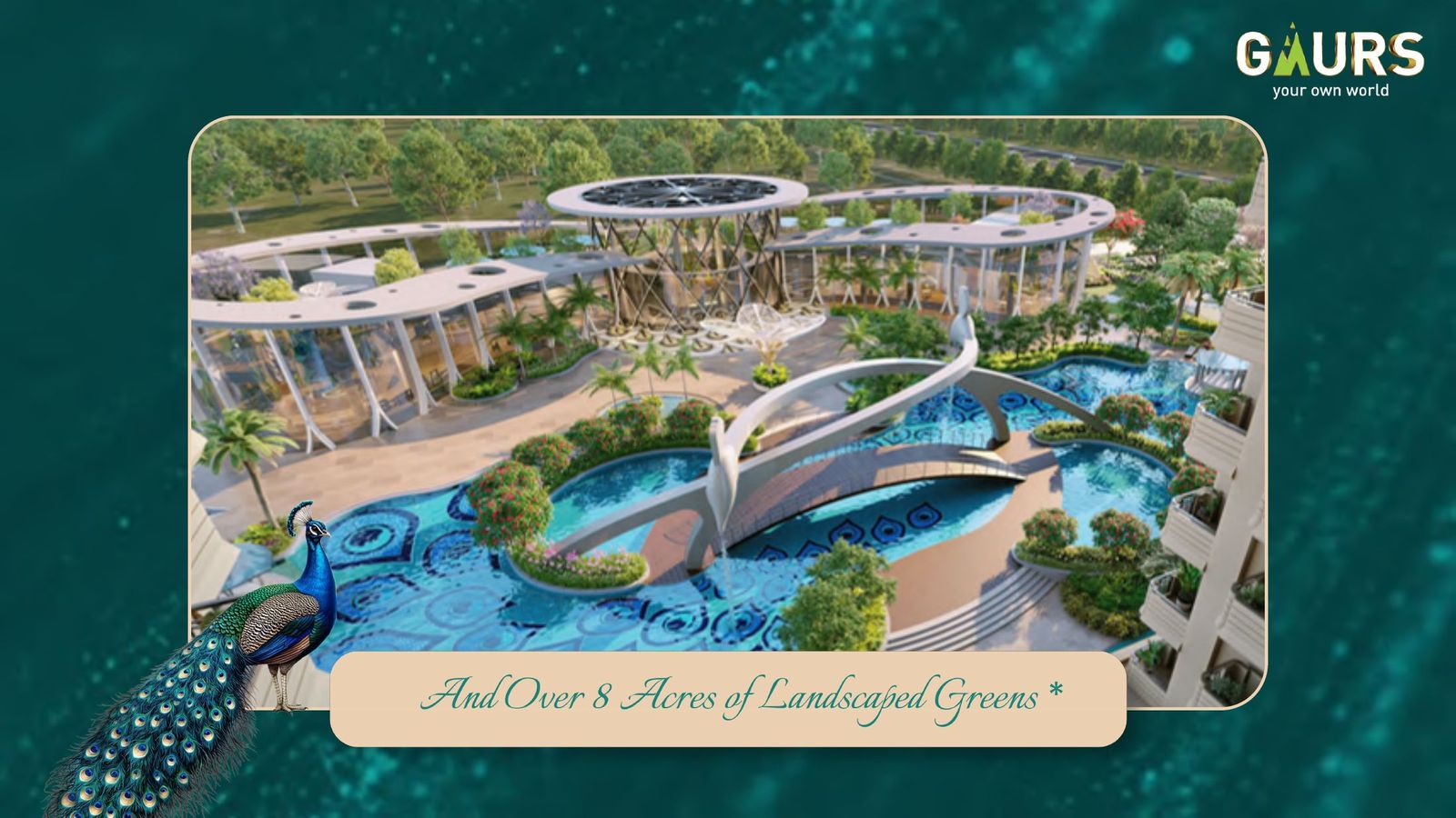 Gaur Plume — clubhouse and pools amid landscaped greens (developer brochure render)